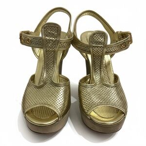 Goldenbleu Perforated Gold Mesh Platform Sandals